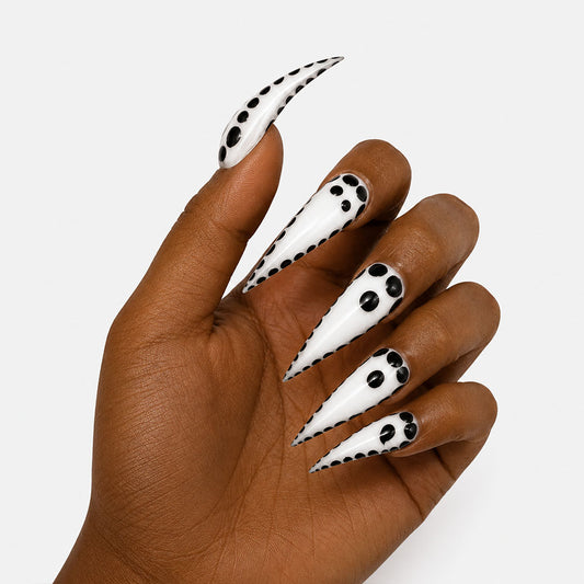 Handmad White Black Polka Dot Cat Claw Press On Nails, Glossy Long Stiletto Fake Nails, Minimalist Y2K Trendy Reusable False Nail Tips for Daily Party