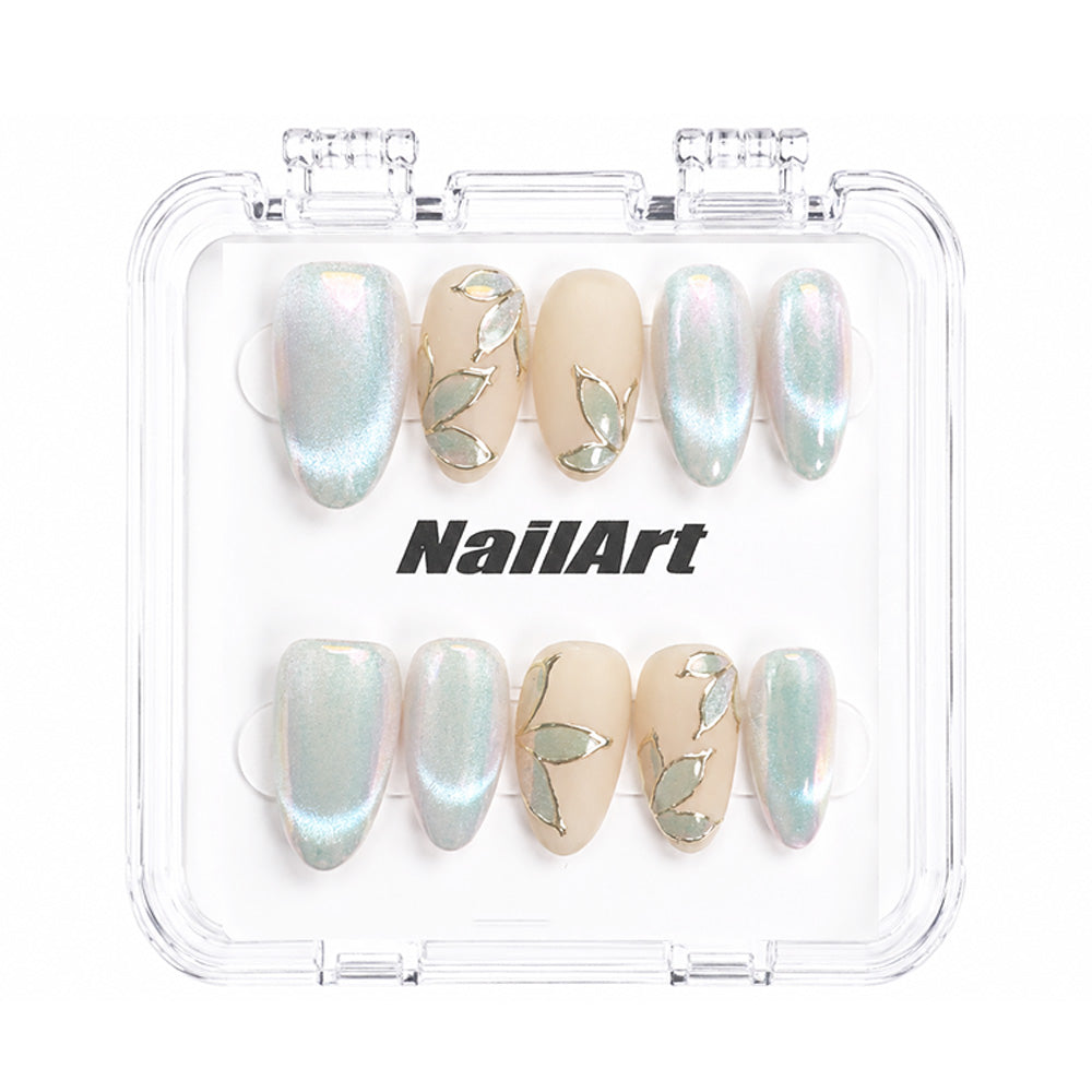 Mint Aurora Cat Eye Almond Press On Nails – Handmade Gold Wire, Mermaid Foil & Iridescent Leaf | Minimal Elegant Bridal Reusable Nail Tips
