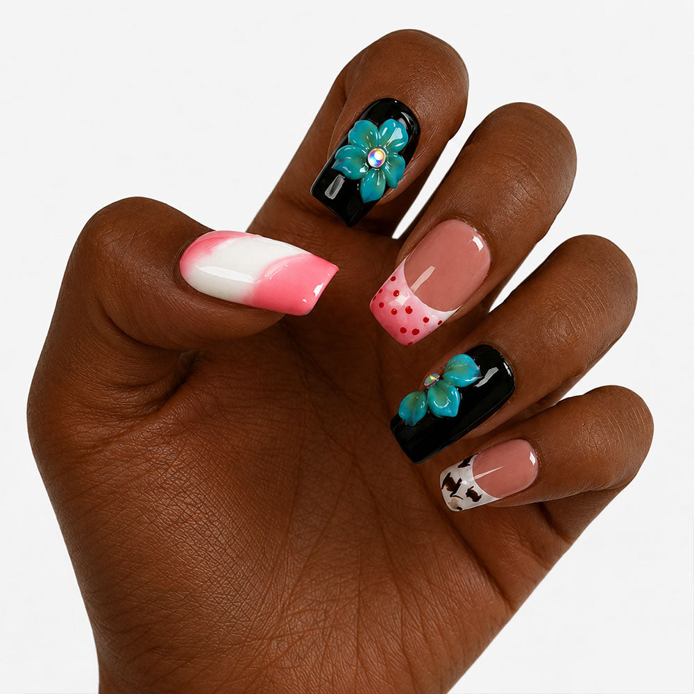 Mixed Design Square Press On Nails, Handmade 3D Turquoise Flower Cow Print Pink Polka Dot French Tip Fake Nails, Y2K Summer Reusable False Nail Tips