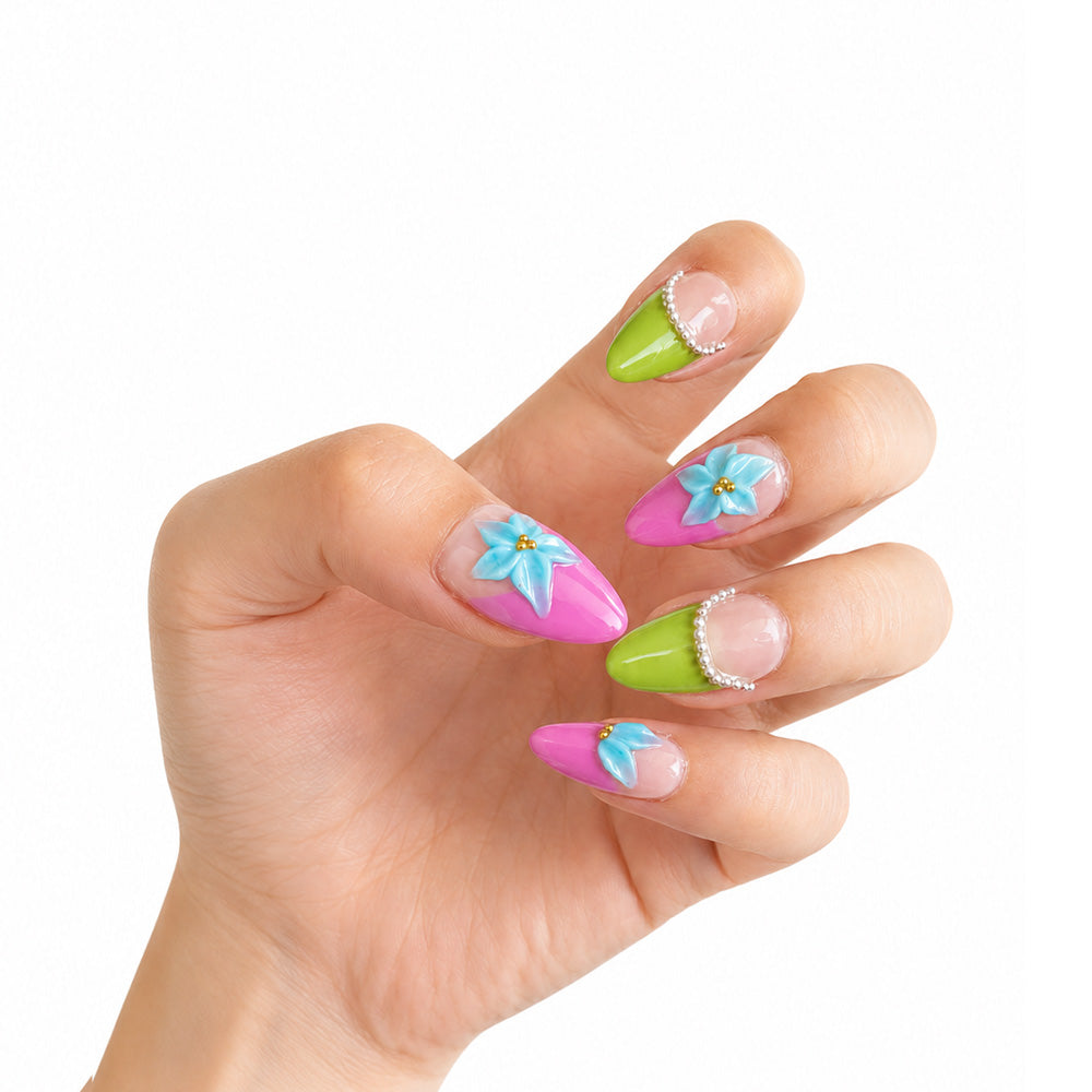 Pure handmade light purple-green gradient almond-shaped press-on false nails, 3D blue flower and steel bead decorated glossy false nails, cute Y2K reusable false nail stickers, suitable for daily summer wear