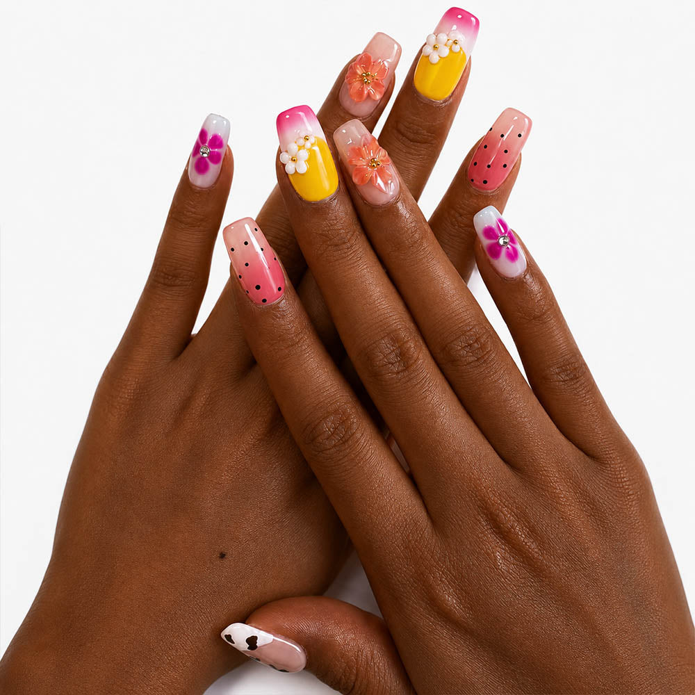 Cute Pastel Square Press On Nails, Handmade 3D Colorful Flower Cow Print Pink Gradient Summer Fake Nails, Sweet Reusable False Nail Tips for Daily Vacation