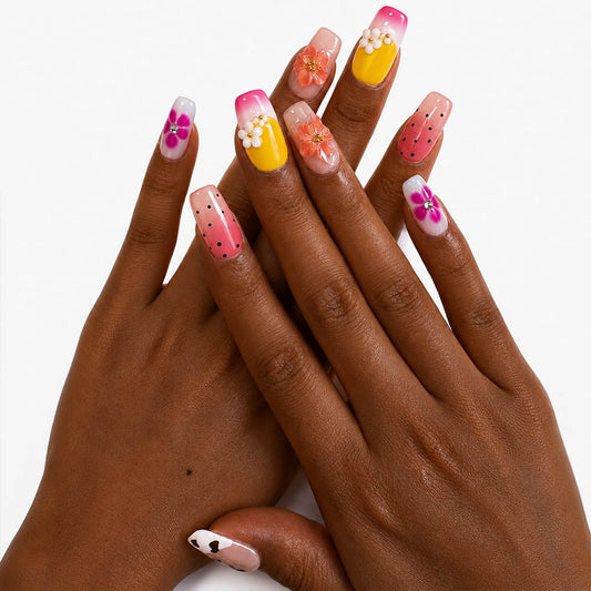 Cute Pastel Square Press On Nails, Handmade 3D Colorful Flower Cow Print Pink Gradient Summer Fake Nails, Sweet Reusable False Nail Tips for Daily Vacation