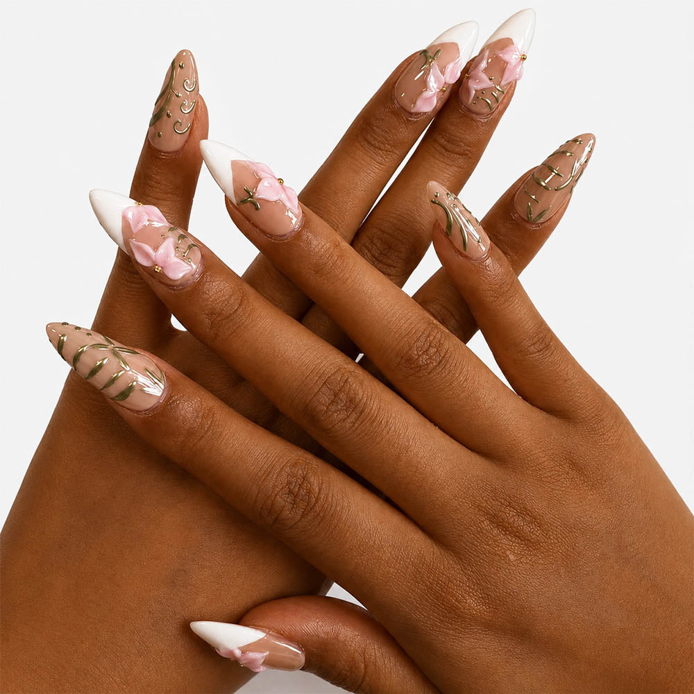 Sheer Nude White French Almond Press On Nails, Handmade 3D Pink Cherry Blossom Green Leaf Gold Bead Spring Fake Nails, Gentle Wedding Reusable Nail Tips