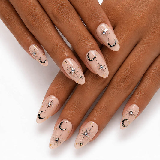 Sheer Nude Almond Press On Nails – Handmade Silver Moon & Star Rhinestone, Gold Flakes | Night Sky Bridal Reusable Nail Tips