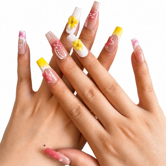 Handmade Pink Nude Gradient Square Press On Nails, 3D Yellow & Pink Flower Rhinestone Decor Glossy Fake Nails, Sweet Floral Reusable False Nail Tips for Daily Wedding