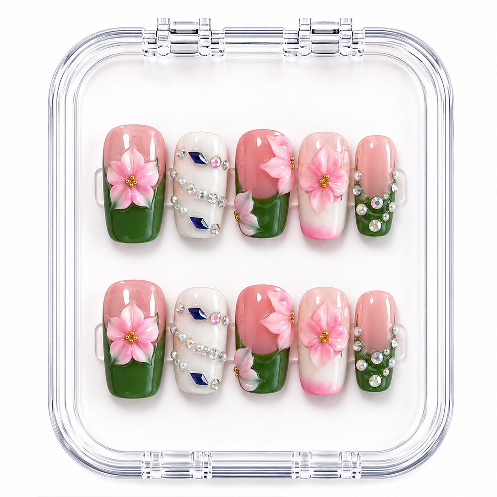 Green White French Square Press On Nails, Handmade 3D Pink Cherry Blossom AB Rhinestone Glossy Nude Fake Nails, Fresh Spring Reusable Nail Tips for Wedding Daily