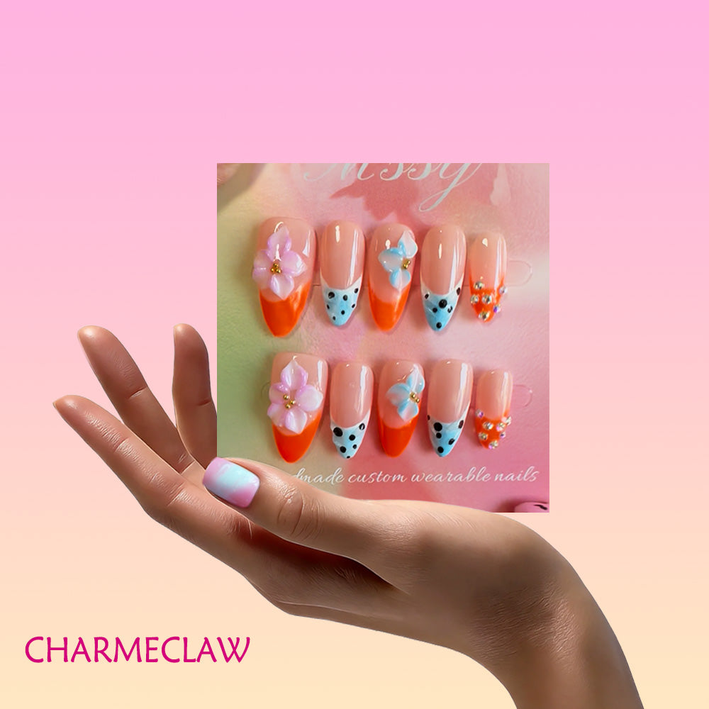 Orange Blue Color Block French Almond Press On Nails, 3D Pink Blue Flower Polka Dot Rhinestone Decor Glossy Nude Fake Nails, Summer Cute Reusable False Nail Tips