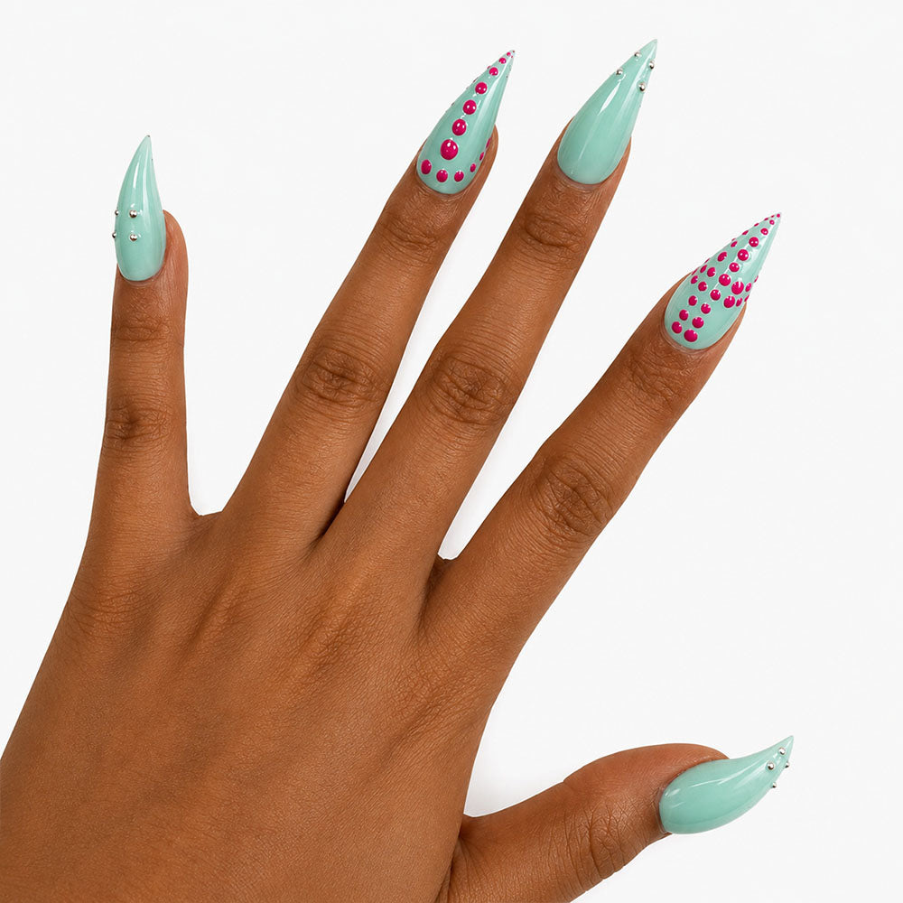 Handmade Mint Green Long Almond Cat Claw Press On Nails, Glossy Solid Fake Nails with Hot Pink Polka Dots & Tiny Silver Metal Studs, Y2K Summer Reusable False Nail Tips for Party Manicure