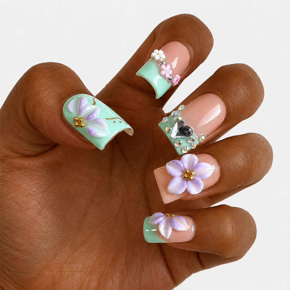 Mint Green French Duck Bill Press On Nails, Handmade 3D Purple Flower Heart Rhinestone Nude Square Fake Nails, Fresh Summer Reusable False Nail Tips