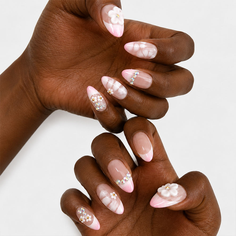 Pink Watercolor Cloud Almond Press On Nails, Handmade Mini White 3D Flower AB Rhinestone Gradient Nude Fake Nails, Gentle Wedding Daily Reusable Nail Tips