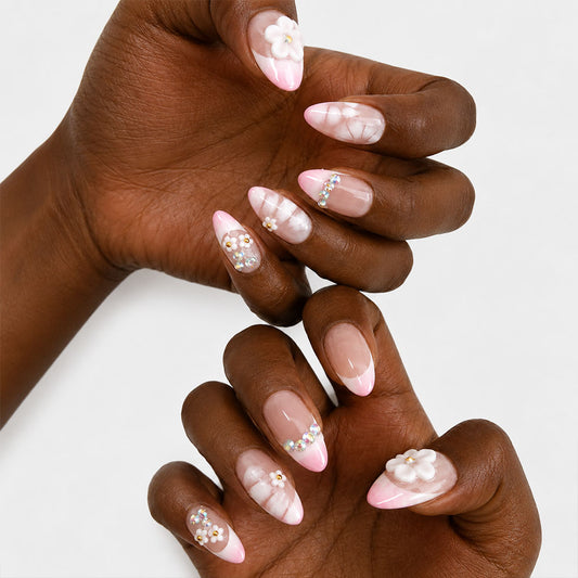 Pink Watercolor Cloud Almond Press On Nails, Handmade Mini White 3D Flower AB Rhinestone Gradient Nude Fake Nails, Gentle Wedding Daily Reusable Nail Tips
