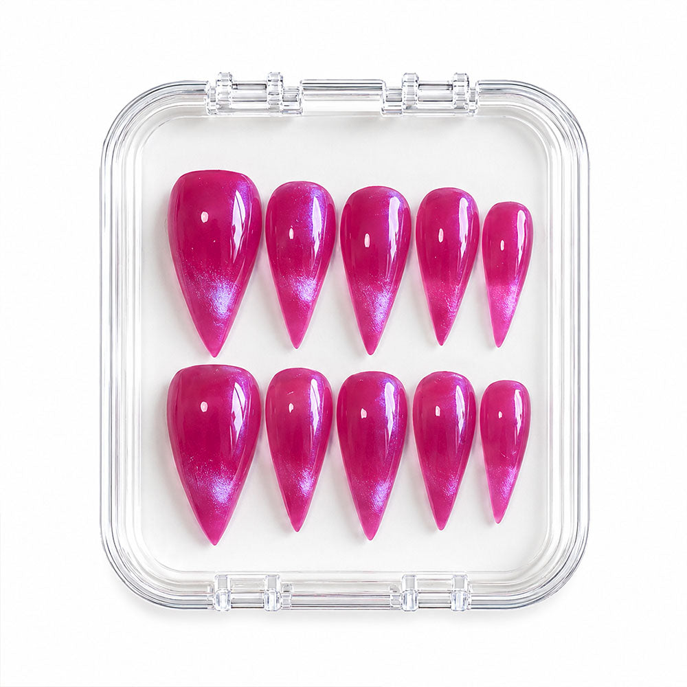 Hot Pink Iridescent Glitter Cat Claw Press On Nails, Glossy Transparent Mermaid Foil Long Stiletto Fake Nails, Y2K Sparkly Reusable Nail Tips for Party Club