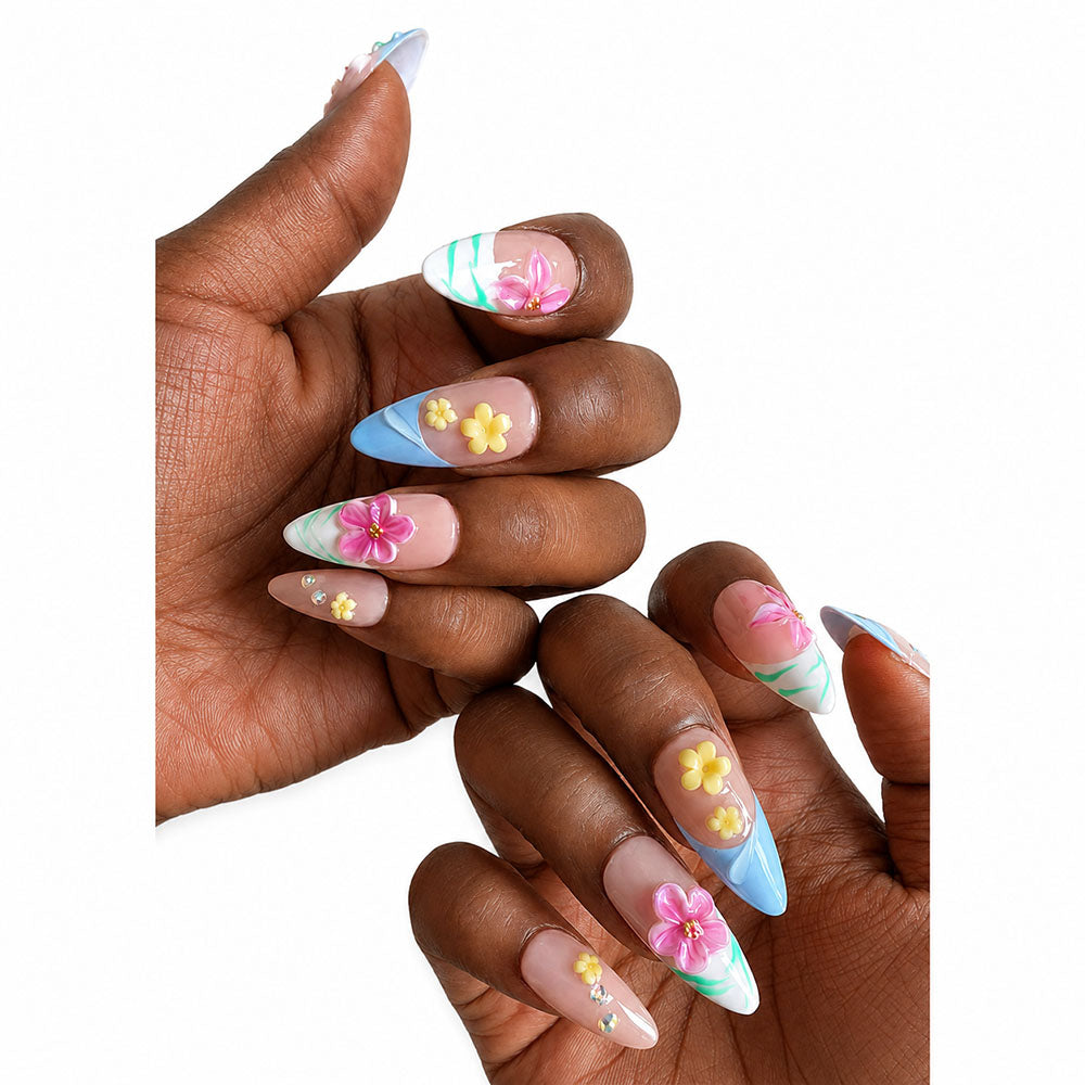 3D Flower Press On Nails | Purely Handmade Light Blue Almond French Tip  Nails, Reusable Spring Floral Nail set