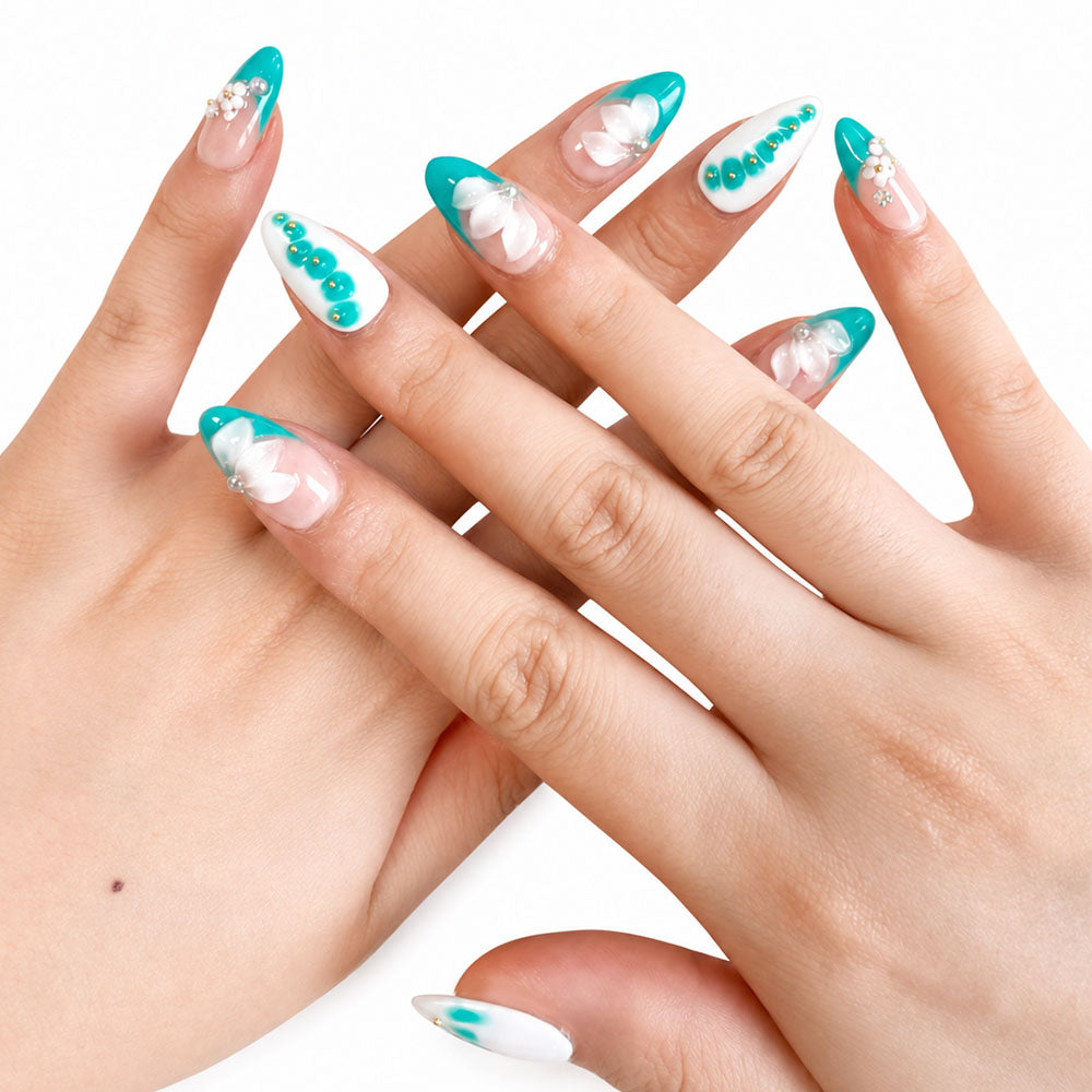 Turquoise White French Almond Press On Nails, Handmade 3D White Flower Pearl Gold Bead Glossy Sheer Nude Fake Nails, Fresh Summer Reusable False Nail Tips for Vacation Daily Manicure