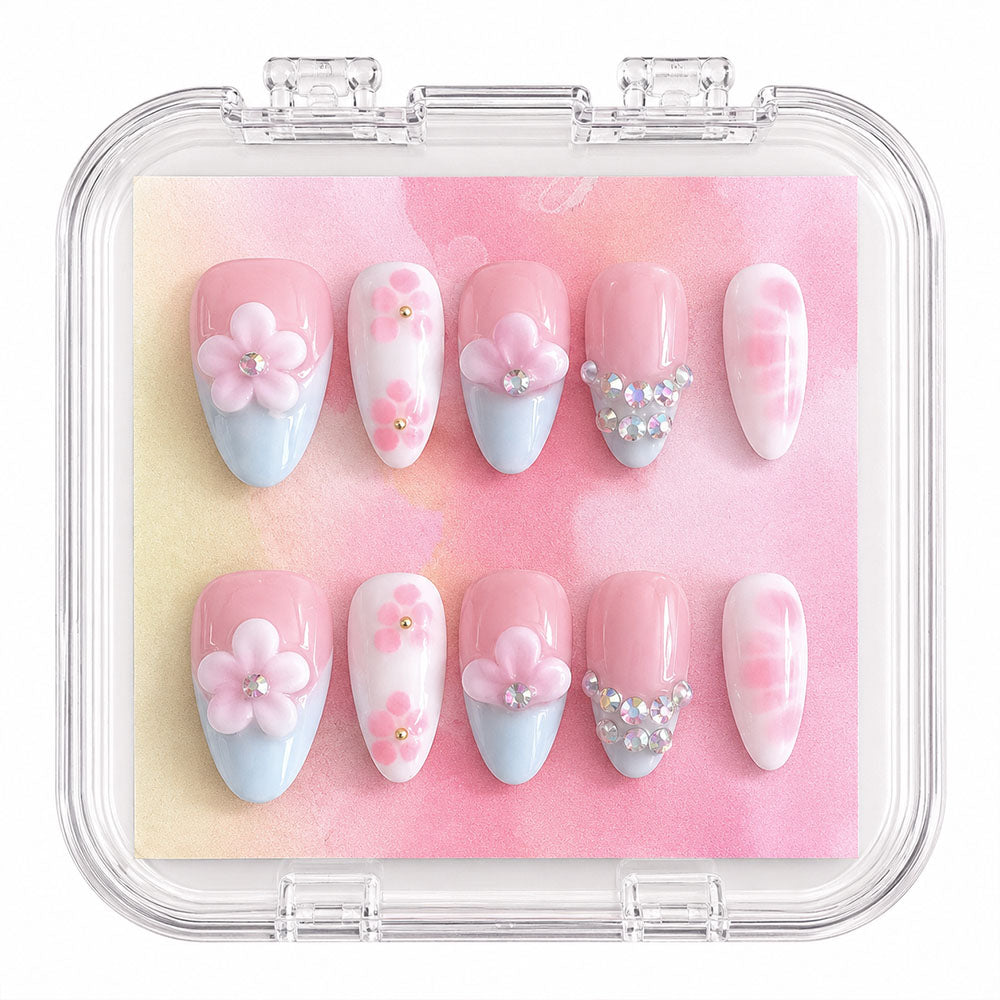 Pastel Light Blue French Almond Press On Nails, Handmade 3D Pink Sakura Flower Crystal Rhinestone White Watercolor Floral Nude Fake Nails, Soft Spring Bridal Reusable Nail Tips