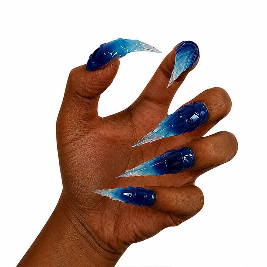 Gradient Blue Dragon Claw Press On Nails, Extra Long 3D Scaled Dragon Talon Fake Nails, Gothic Cosplay Reusable Costume False Nail Tips for Halloween Party