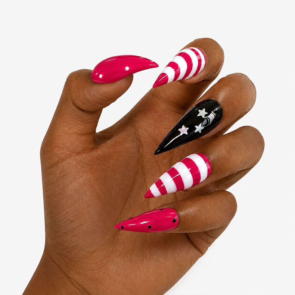Hot Pink Striped Star Cat Claw Press On Nails, Glossy Black White Stiletto Fake Nails, Y2K Gothic Reusable False Nail Tips for Party Cosplay