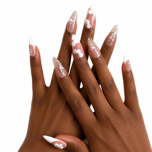 Pure handmade nude white French pointed almond press-on fake nails, 3D white flowers, butterfly rhinestones with silver lines, pearl-studded decorative glossy fake nail pieces, suitable for dates, daily wear, and weddings, reusable press-on nails