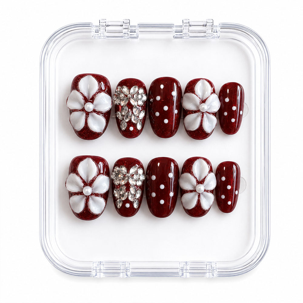 Burgundy Shimmer Oval Press On Nails, Handmade 3D White Pearl Flower, Rhinestone & White Polka Dot Glossy Fake Nails, Romantic Wedding Reusable Nail Tips