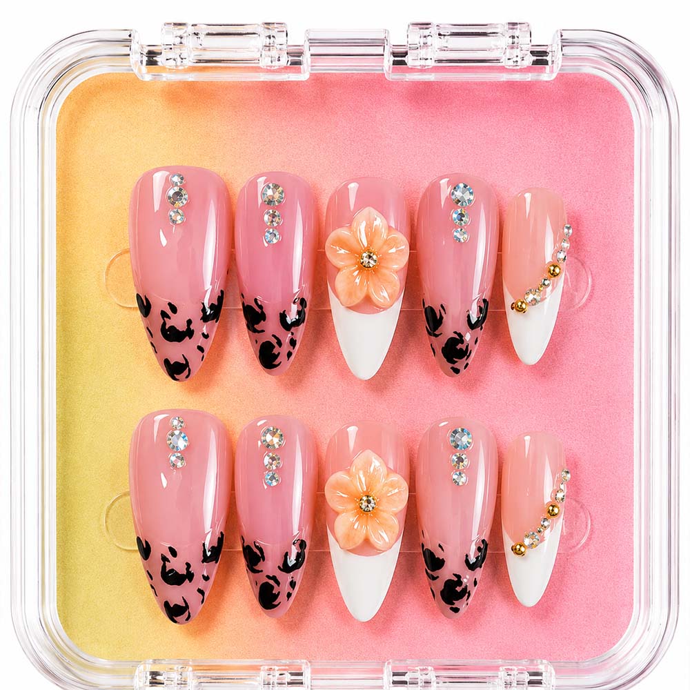 Handmade pink and orange leopard print French almond press-on false nails, decorated with 3D flowers and rainbow rhinestones, glossy nude false nails, summer fashion Y2K reusable false nail tips