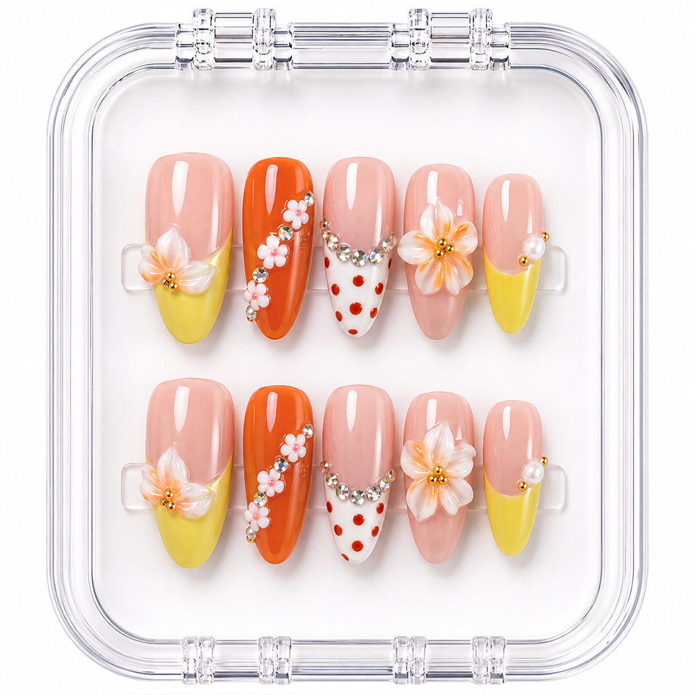 Orange Yellow Color Block Almond Press On Nails, Handmade 3D Cream Flower Red Polka Dot Silver Rhinestone Nude Fake Nails, Cute Summer Reusable False Nail Tips