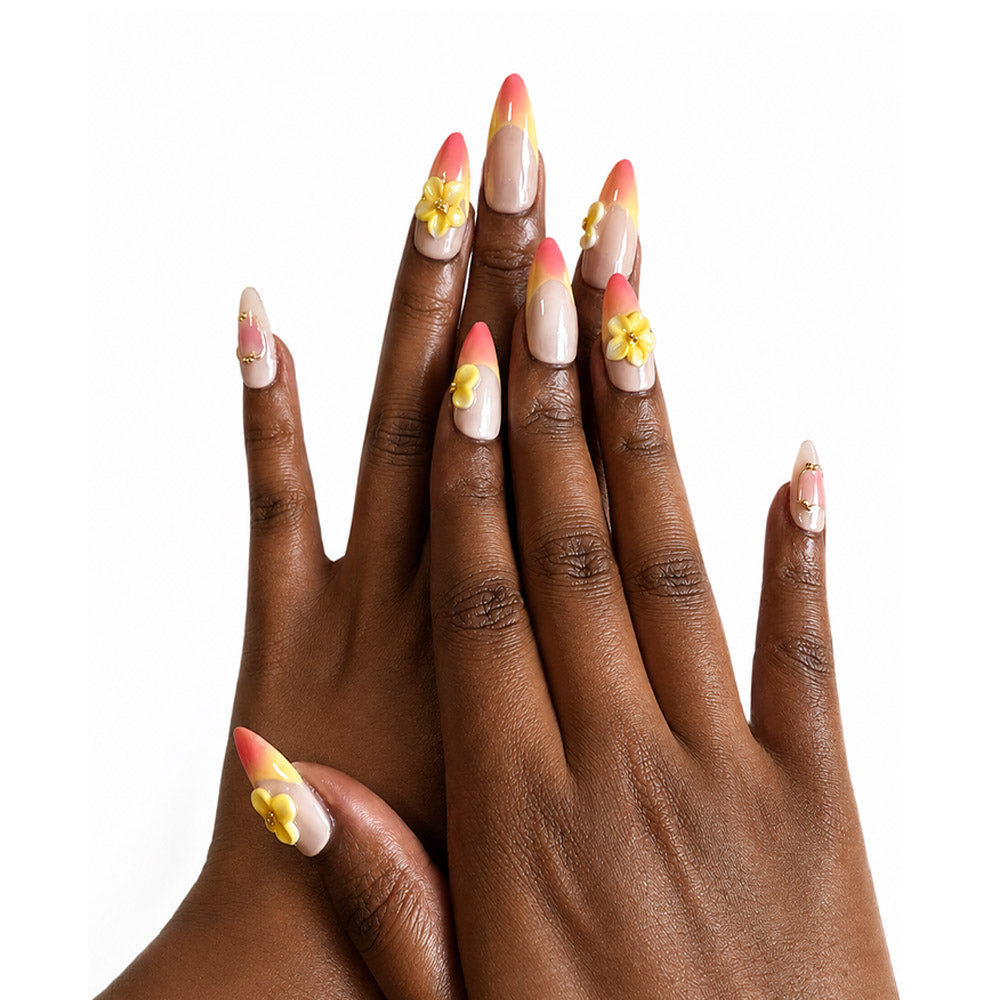 Handmade 3D Yellow Flower Gradient Almond Press On Nails,Sunset Pink Orange Ombre Glossy Fake Nails, Reusable Luxury False Nail Tips for Women Daily Party Wear