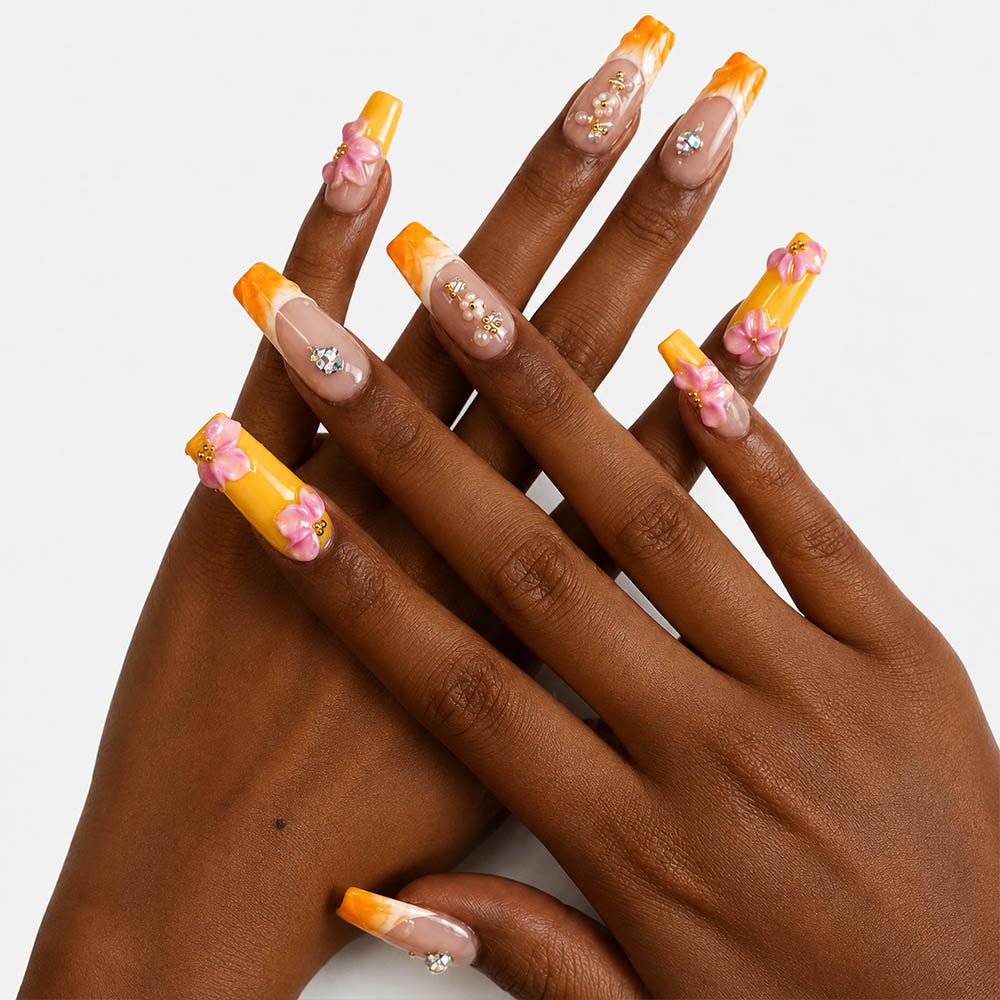 Yellow Orange Gradient French Square Press On Nails, Handmade 3D Pink Flower Crystal Rhinestone Nude Fake Nails, Sweet Summer Reusable Nail Tips for Daily Date
