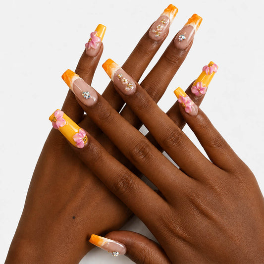 Yellow Orange Gradient French Square Press On Nails, Handmade 3D Pink Flower Crystal Rhinestone Nude Fake Nails, Sweet Summer Reusable Nail Tips for Daily Date