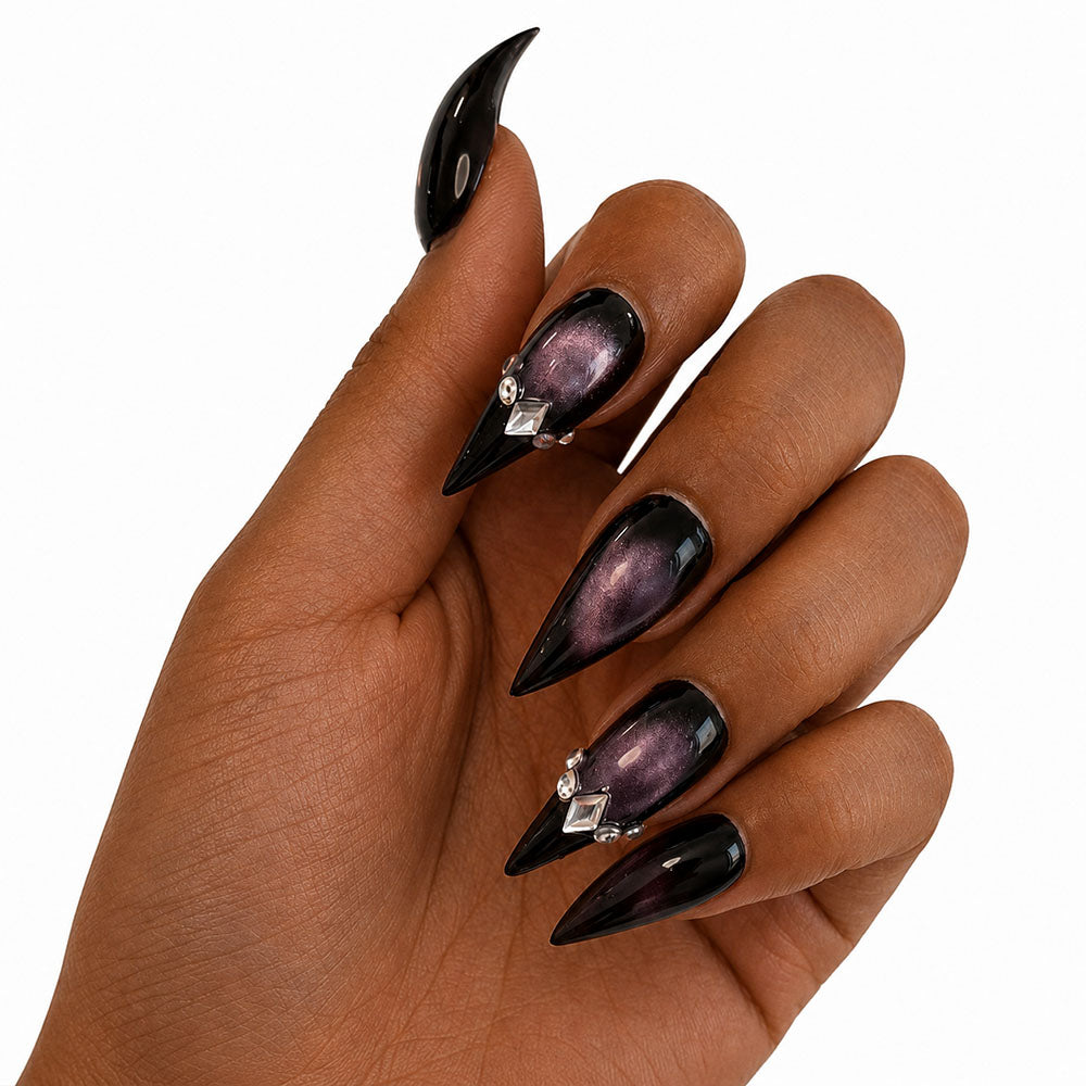 Black Pink Cat Eye Cat Claw Press On Nails, Glossy Gradient Stiletto Fake Nails with Silver Rhinestone Charms, Gothic Dark Y2K Reusable Nail Tips for Club Party