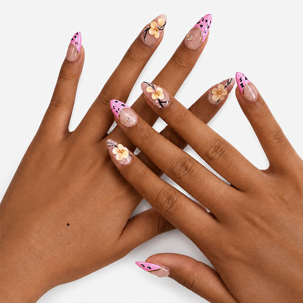 Pink Leopard Print French Almond Press On Nails, Handmade 3D Cream Flower Black Vine & Tiny Rhinestone Decor Glossy Nude Fake Nails, Cute Y2K Reusable False Nail Tips