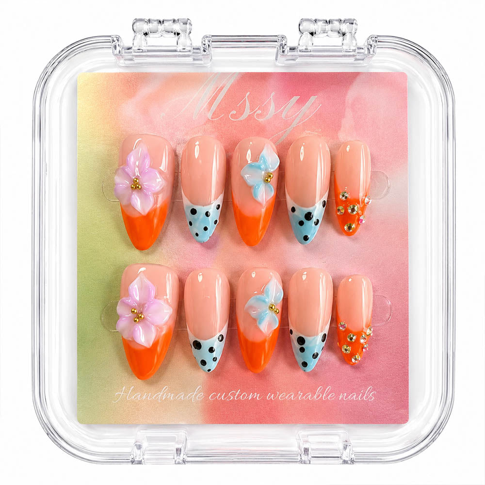 Orange Blue Color Block French Almond Press On Nails, 3D Pink Blue Flower Polka Dot Rhinestone Decor Glossy Nude Fake Nails, Summer Cute Reusable False Nail Tips