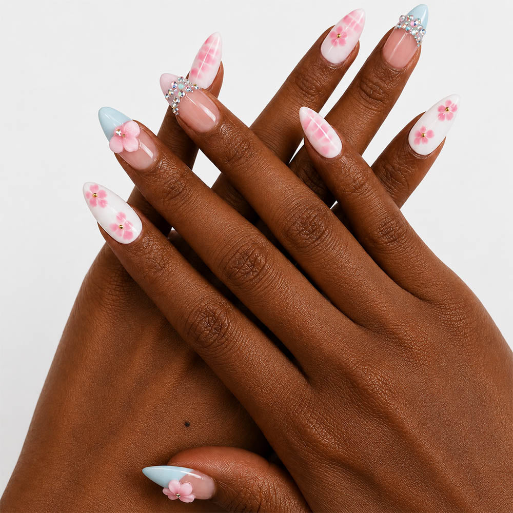 Pastel Light Blue French Almond Press On Nails, Handmade 3D Pink Sakura Flower Crystal Rhinestone White Watercolor Floral Nude Fake Nails, Soft Spring Bridal Reusable Nail Tips