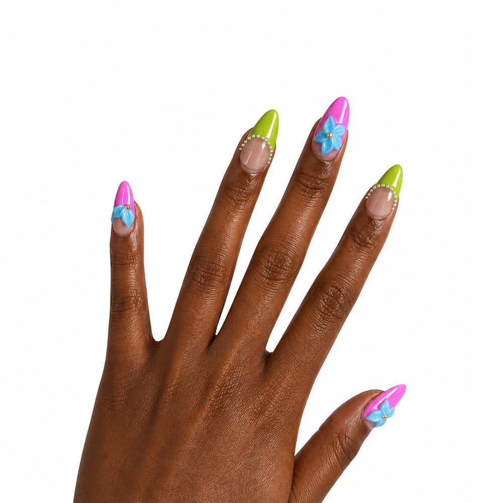 Pure handmade light purple-green gradient almond-shaped press-on false nails, 3D blue flower and steel bead decorated glossy false nails, cute Y2K reusable false nail stickers, suitable for daily summer wear