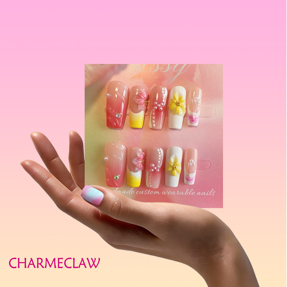 Handmade Pink Nude Gradient Square Press On Nails, 3D Yellow & Pink Flower Rhinestone Decor Glossy Fake Nails, Sweet Floral Reusable False Nail Tips for Daily Wedding