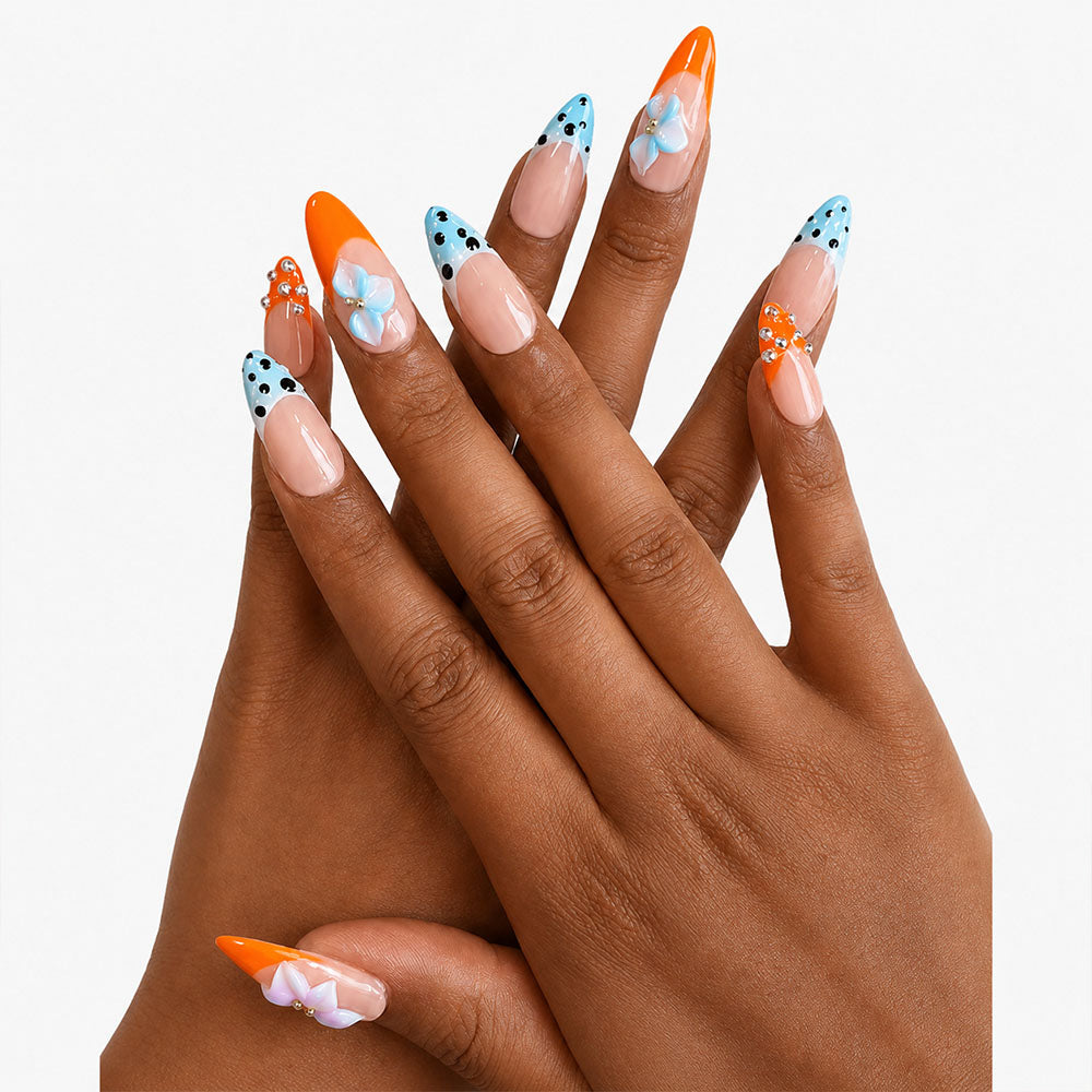 Orange Blue Color Block French Almond Press On Nails, 3D Pink Blue Flower Polka Dot Rhinestone Decor Glossy Nude Fake Nails, Summer Cute Reusable False Nail Tips