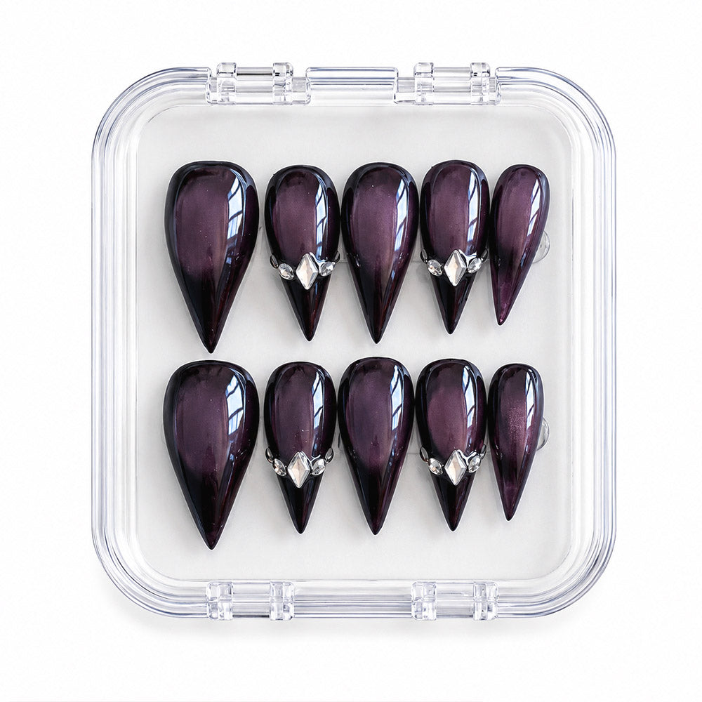 Black Pink Cat Eye Cat Claw Press On Nails, Glossy Gradient Stiletto Fake Nails with Silver Rhinestone Charms, Gothic Dark Y2K Reusable Nail Tips for Club Party