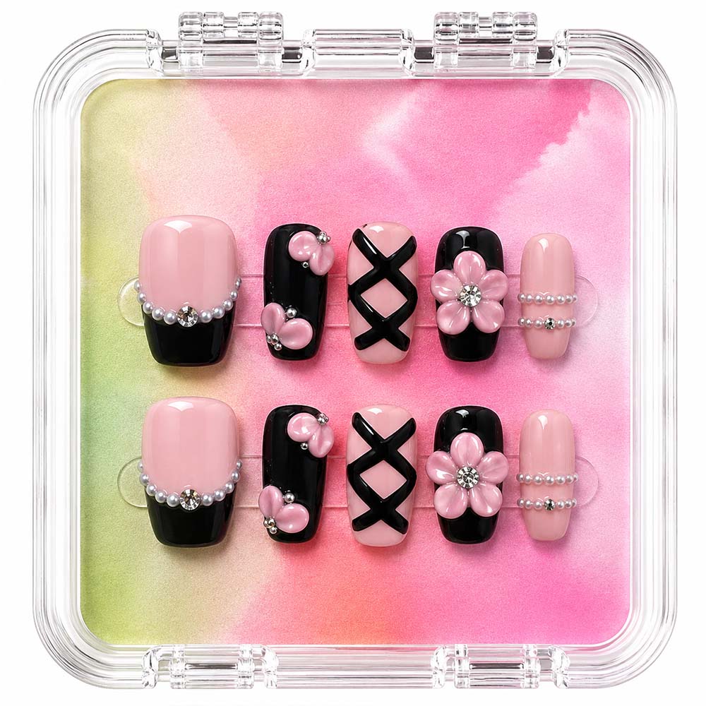 Pink Black Checkered Square Press On Nails, Handmade 3D Pink Flower & Bow Pearl Rhinestone Decor Glossy Handmade Fake Nails, Cute Y2K Reusable False Nail Tips