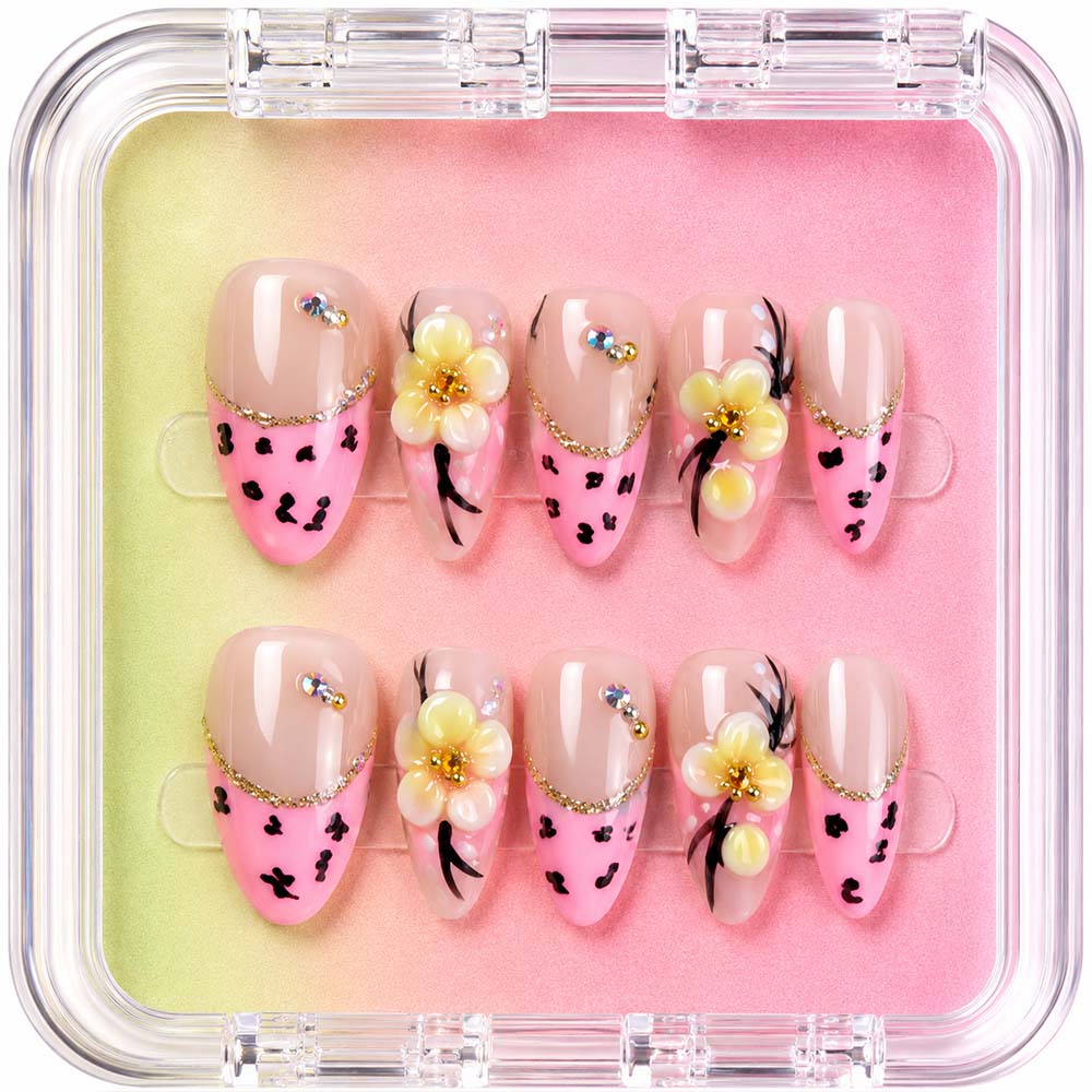 Pink Leopard Print French Almond Press On Nails, Handmade 3D Cream Flower Black Vine & Tiny Rhinestone Decor Glossy Nude Fake Nails, Cute Y2K Reusable False Nail Tips