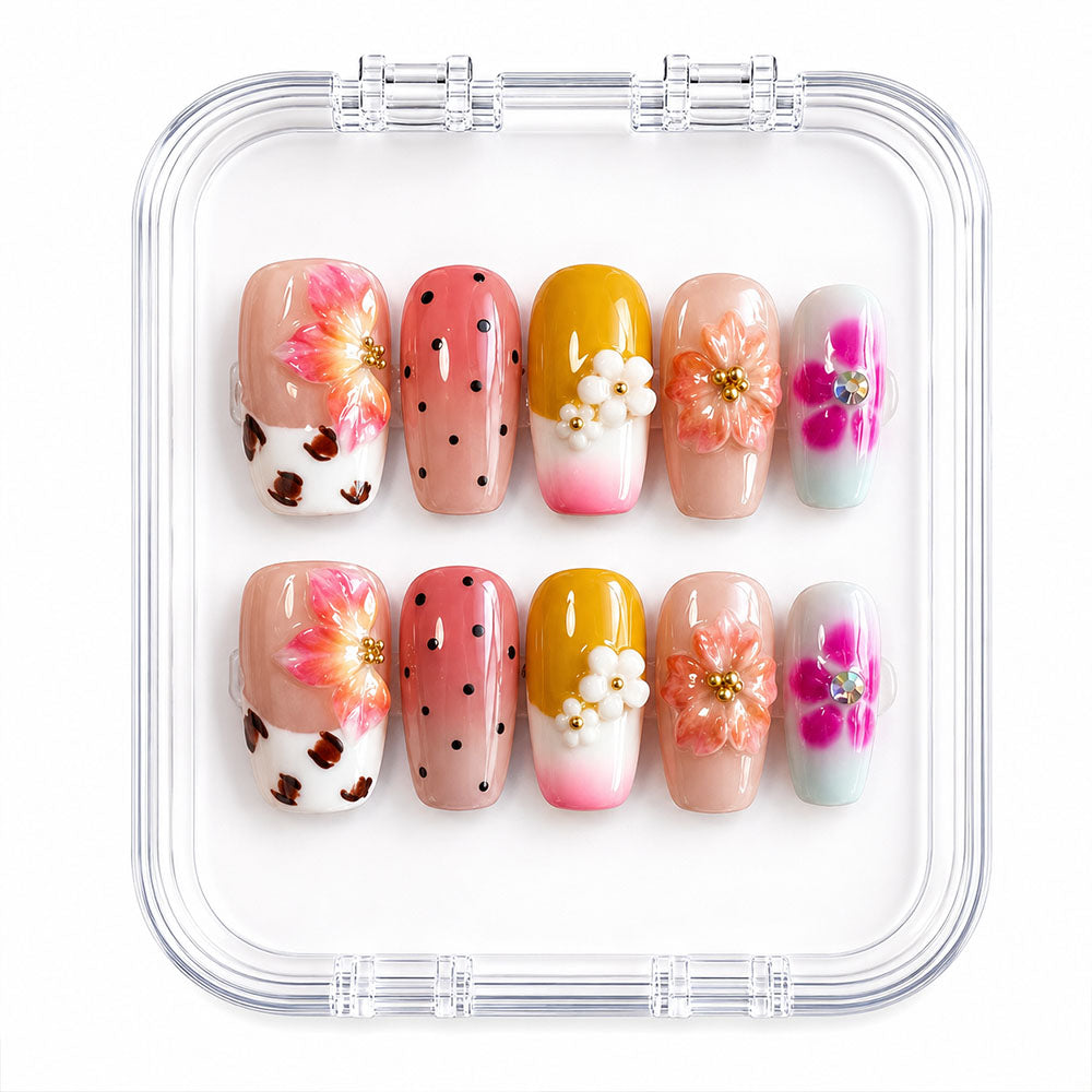 Cute Pastel Square Press On Nails, Handmade 3D Colorful Flower Cow Print Pink Gradient Summer Fake Nails, Sweet Reusable False Nail Tips for Daily Vacation