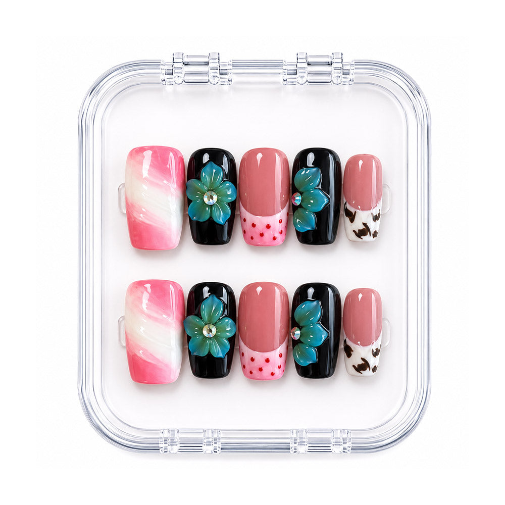 Mixed Design Square Press On Nails, Handmade 3D Turquoise Flower Cow Print Pink Polka Dot French Tip Fake Nails, Y2K Summer Reusable False Nail Tips