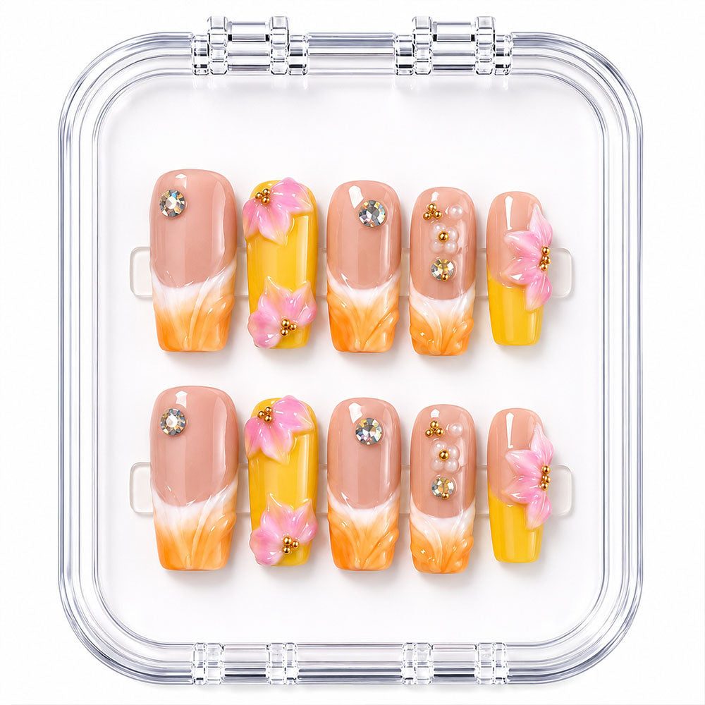 Yellow Orange Gradient French Square Press On Nails, Handmade 3D Pink Flower Crystal Rhinestone Nude Fake Nails, Sweet Summer Reusable Nail Tips for Daily Date