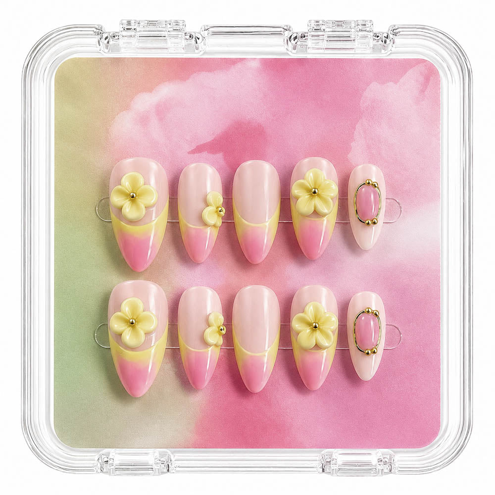 Handmade 3D Yellow Flower Gradient Almond Press On Nails,Sunset Pink Orange Ombre Glossy Fake Nails, Reusable Luxury False Nail Tips for Women Daily Party Wear