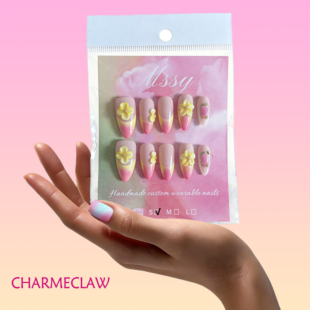 Handmade 3D Yellow Flower Gradient Almond Press On Nails,Sunset Pink Orange Ombre Glossy Fake Nails, Reusable Luxury False Nail Tips for Women Daily Party Wear