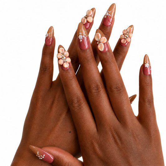 Gradient Pink Brown Almond Press On Nails, Handmade 3D Pearl Petal Flower & Cluster Rhinestone Decor Glossy Fake Nails, Romantic Reusable False Nail Tips for Bridal Daily Wear