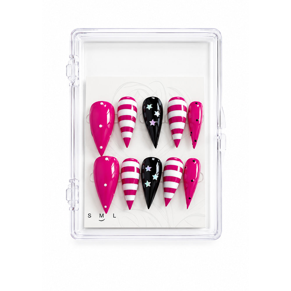 Hot Pink Striped Star Cat Claw Press On Nails, Glossy Black White Stiletto Fake Nails, Y2K Gothic Reusable False Nail Tips for Party Cosplay