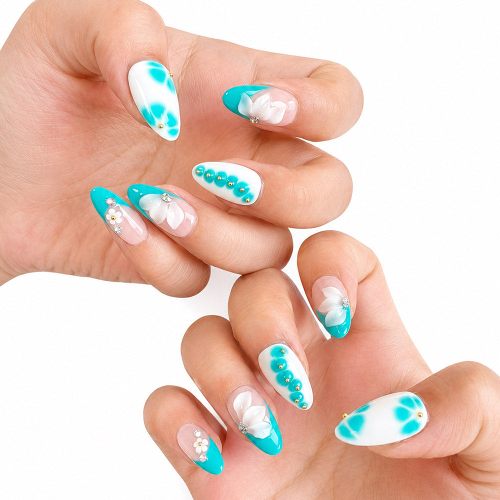 Turquoise White French Almond Press On Nails, Handmade 3D White Flower Pearl Gold Bead Glossy Sheer Nude Fake Nails, Fresh Summer Reusable False Nail Tips for Vacation Daily Manicure
