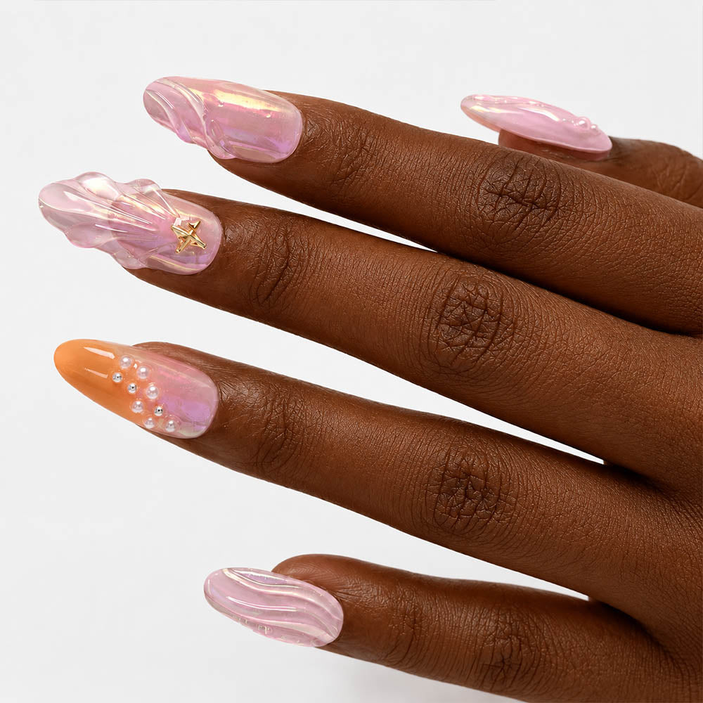 Mermaid Shell Almond Press On Nails – Handmade Iridescent Pink 3D Shell, Gold Starfish & Pearl | Orange Gradient Summer Beach Reusable Nail Tips
