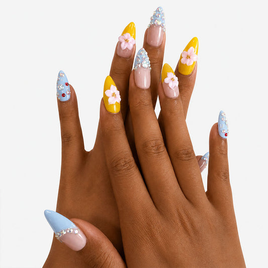 Pastel Blue Yellow French Almond Press On Nails, Handmade 3D Pink Flower & Iridescent Rhinestone Glossy Nude Fake Nails, Summer Cute Reusable False Nail Tips