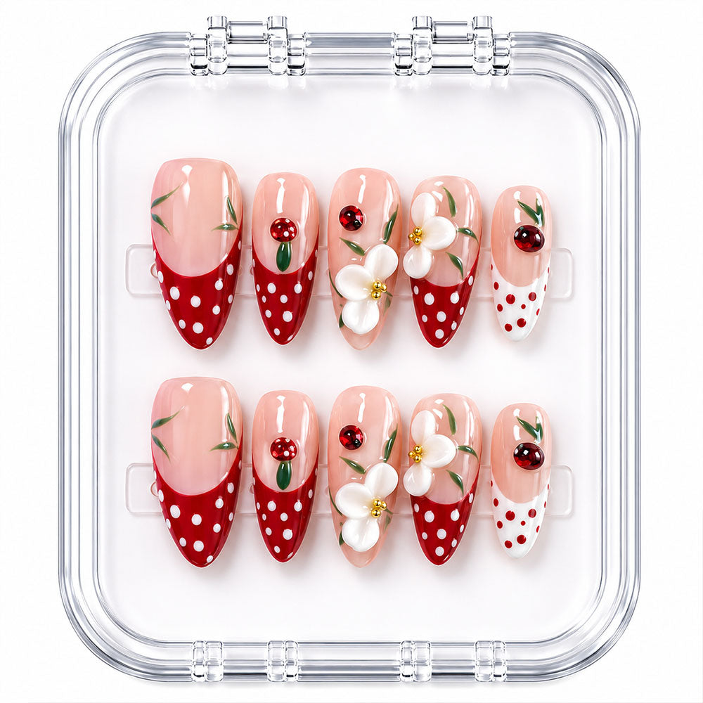 Red Polka Dot Almond Press On Nails, Handmade 3D White Flower Ladybug Mushroom Green Leaf Nude Fake Nails, Cute Sweet Summer Reusable Nail Tips