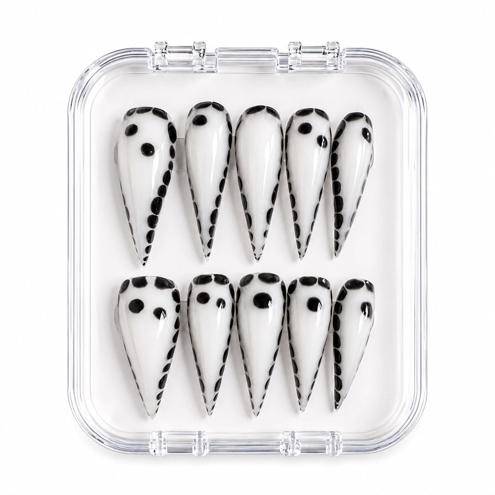 Handmad White Black Polka Dot Cat Claw Press On Nails, Glossy Long Stiletto Fake Nails, Minimalist Y2K Trendy Reusable False Nail Tips for Daily Party
